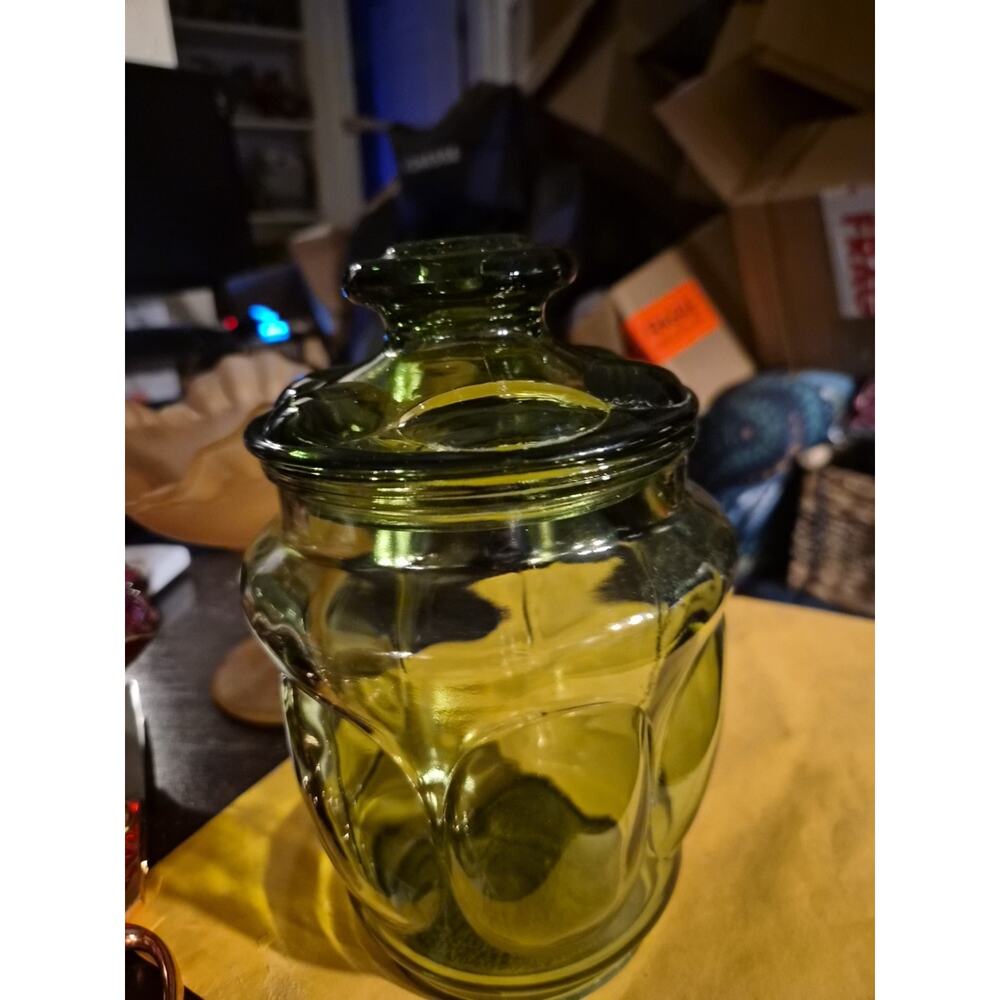 Vintage L.E. Smith Avocado Green Glass Storage Apothecary Jar with Lid